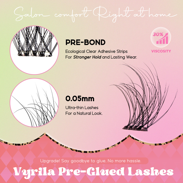 VYRILA 자체 접착 속눈썹 클러스터 접착제가 필요하지 않음 DIY 속눈썹 연장 휴대용 Pre Glued-Hush Lashes