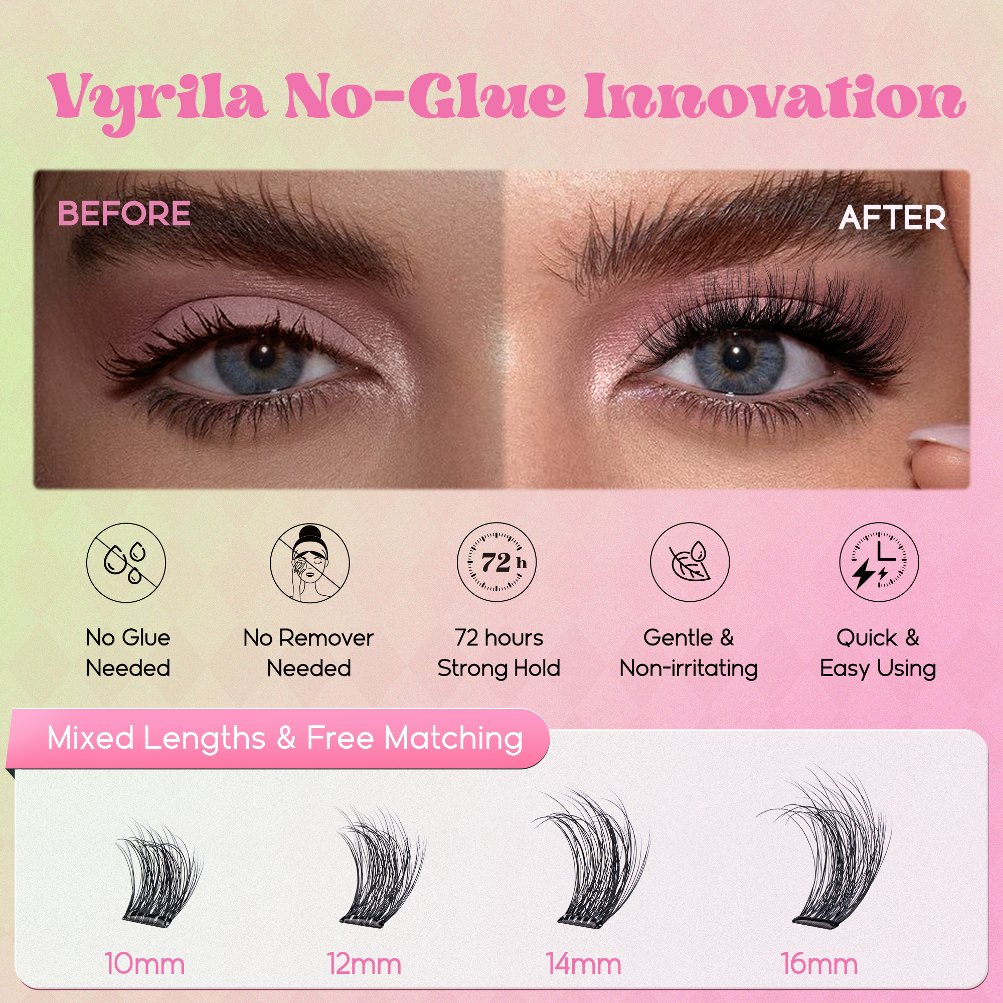 VYRILA Selfklewende Wimpergroepe Geen gom nodig Selfdoen Wimperverlengings Draagbare Pre-gegomde Muse Wimpers